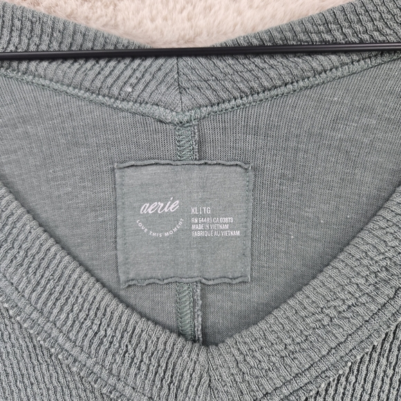 Aerie Ribbed Green V-Neck Pullover Oversized Sweatshirt XL - Picture 3 of 8